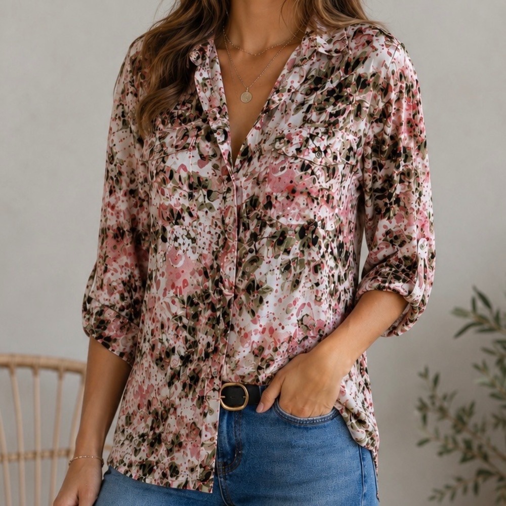Emily Daniels Y2K Floral Sequin Blouse XL Pink Olive Boho Stretch Top